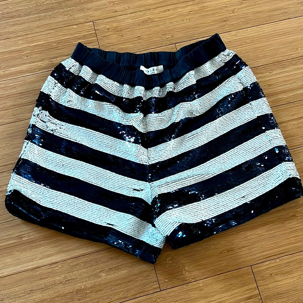 Sandro Black and White Striped Sequin Shorts